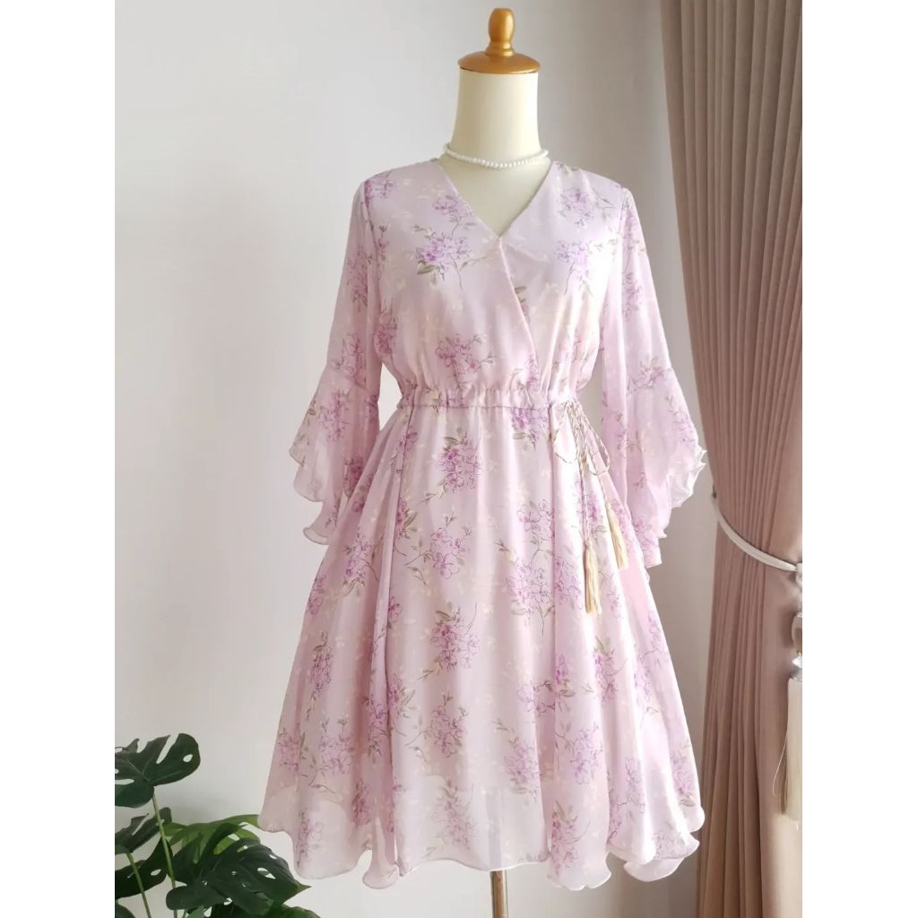 Dress Sifon Motif Bunga / Dress Chifon Pastel Floral Print