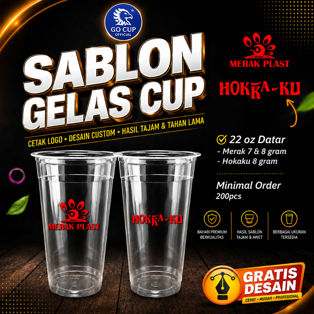 Sablon Gelas Cup 22 oz Datar - Merk Merak & Hokaku - Minimum Order 500pcs
