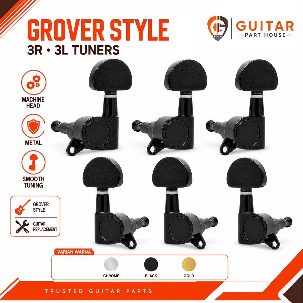 Dryer gitar Grover Style 3R-3L | Tuner Gitar Machine Head Guitar Tuning Peg Grover Style - Chrome, B