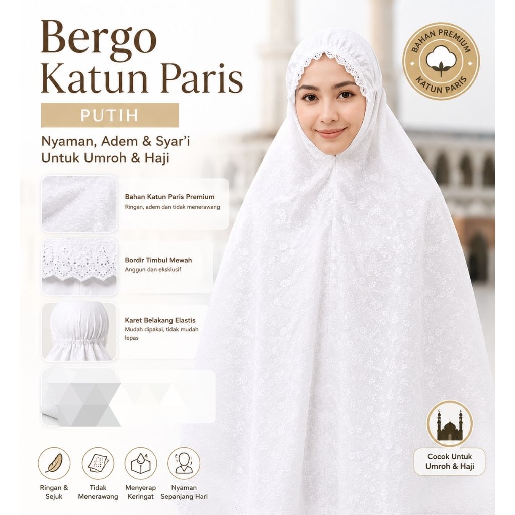 Bergo Full bordir Motif putih katun paris
