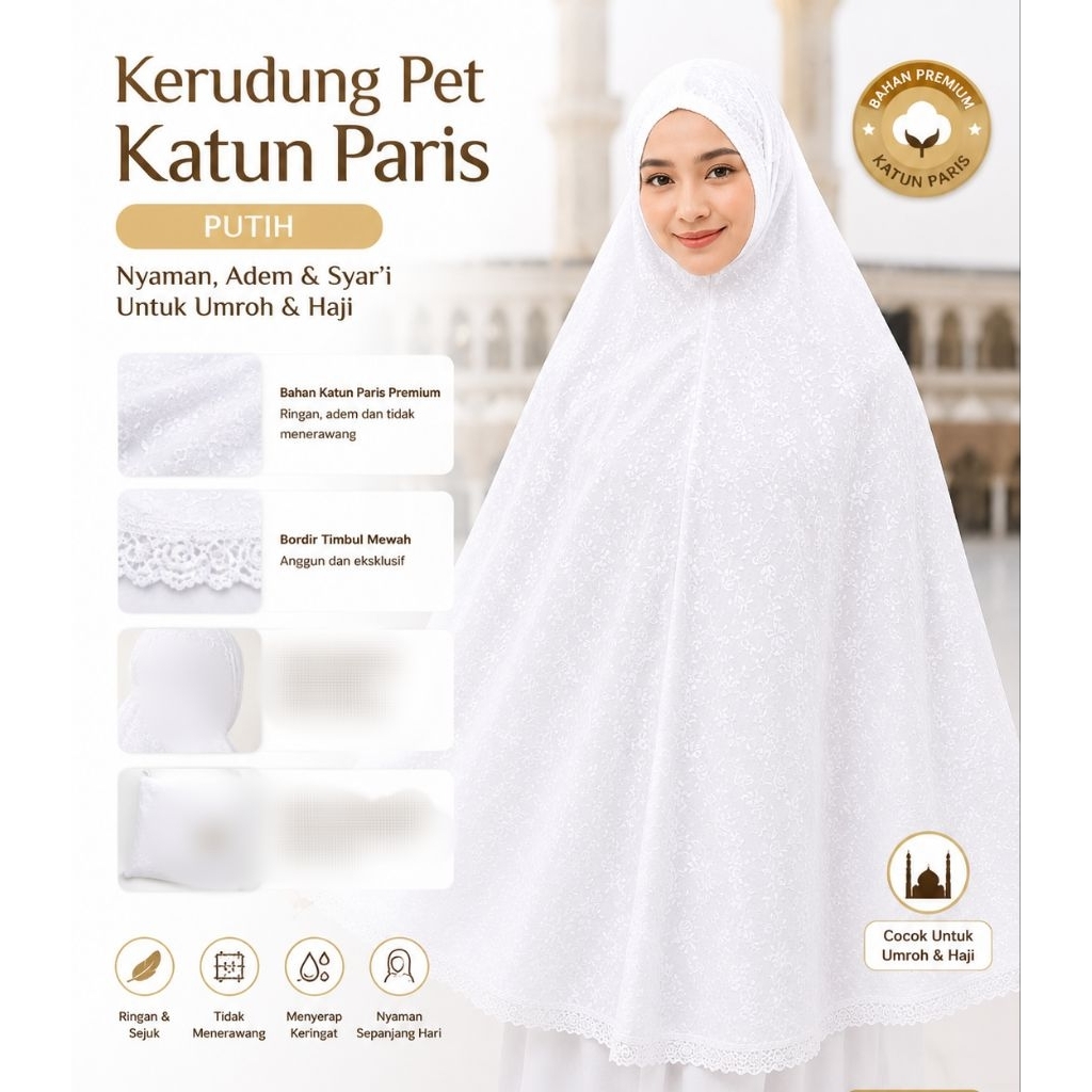 Bergo Pet Full bordir Motif putih katun paris