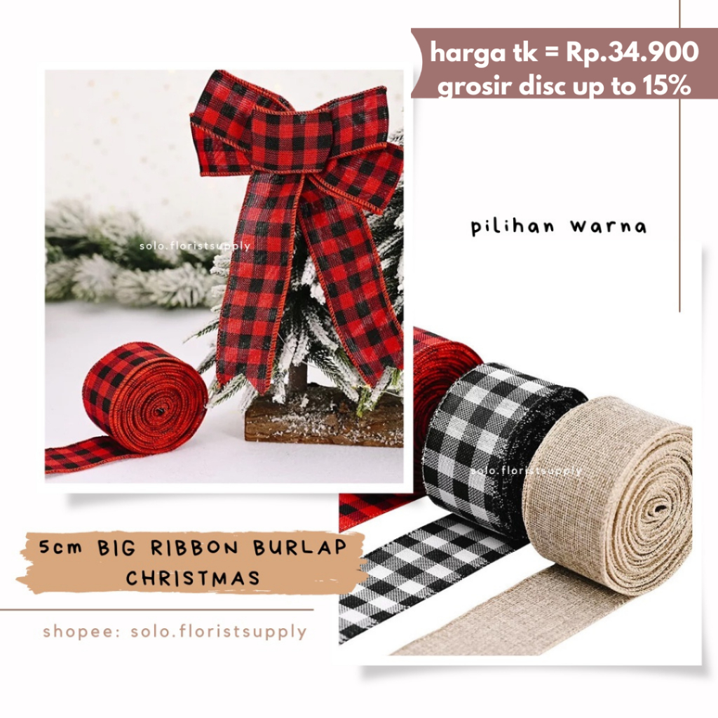 5cm BIG PITA BURLAP CHRISTMAS RIBBON KOTAK KOTAK PITA NATAL PITA ACKING HAMPERS NATAL PITA KADO NATA
