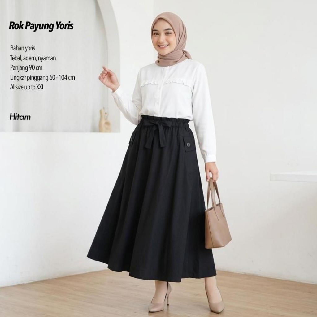 ROK PAYUNG SHAKILA / ROK LEBAR WANITA/ ROK PAYUNG BAHAN YORIS / ROK HITAM