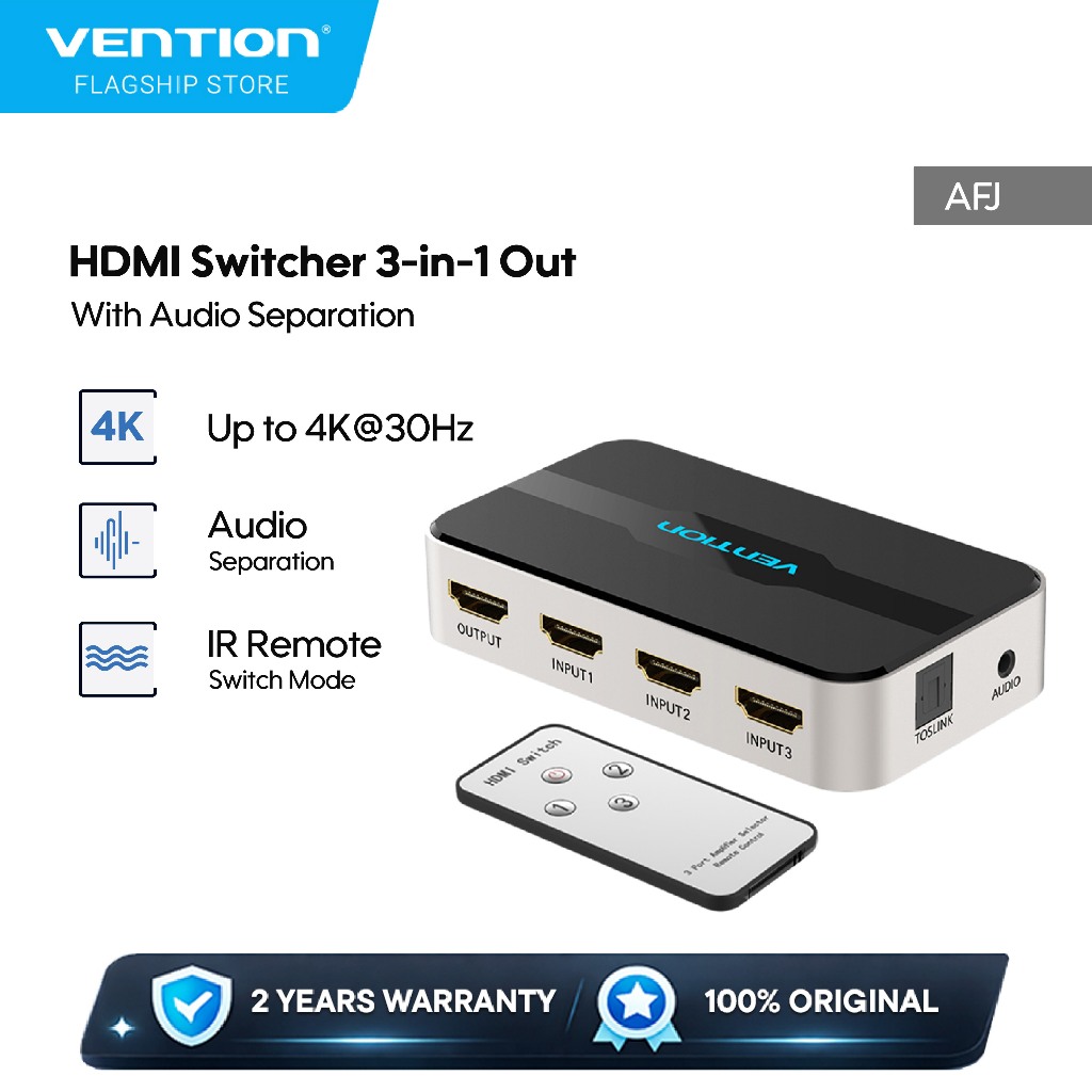 Vention AFJ HDMI Switcher 3 in 1 Out With Audio Separation - AFJ