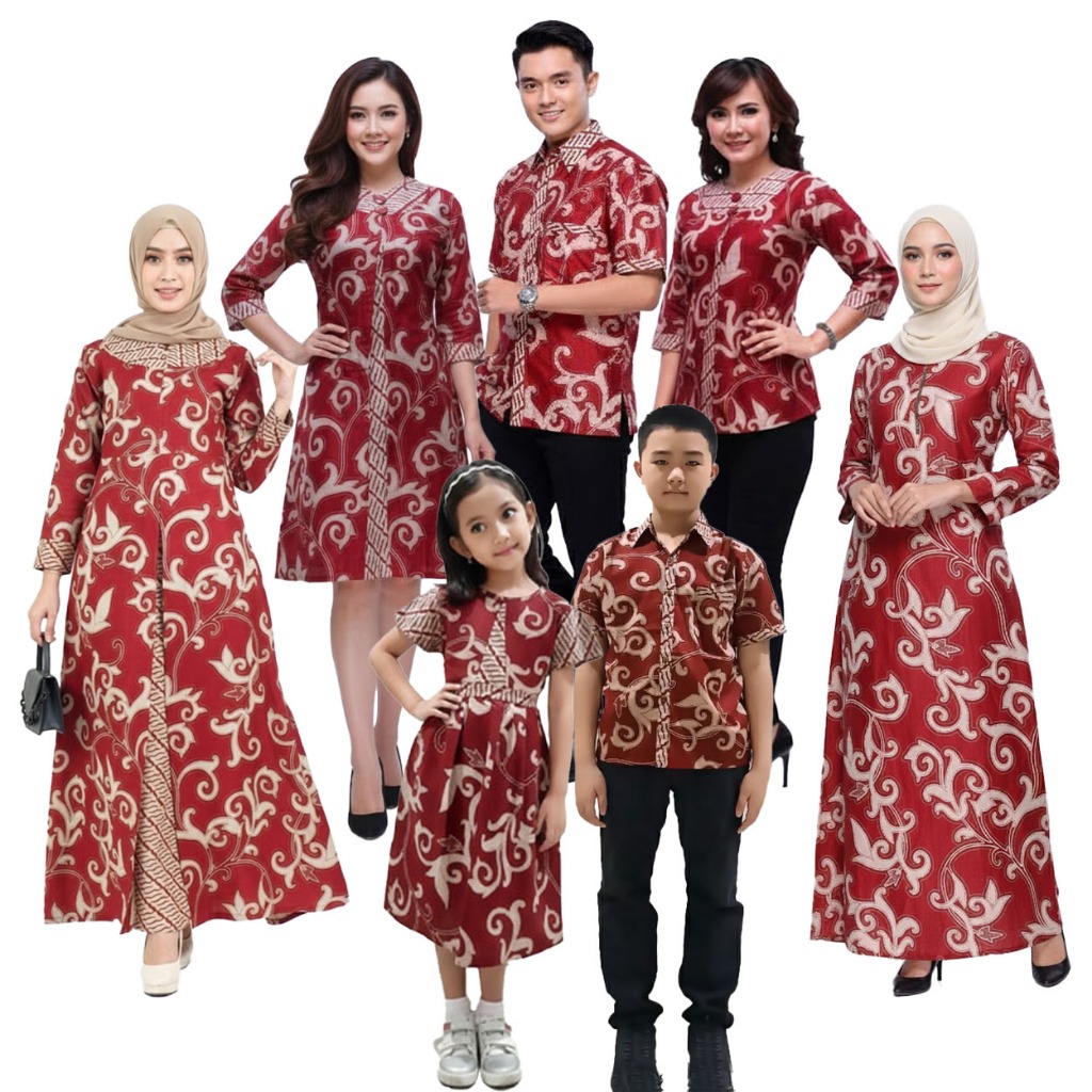 Batik Couple Keluarga Set Ameta Merah - Baju Sarimbit Ayah Ibu Anak Gamis Dress Kemeja Batik Modern 