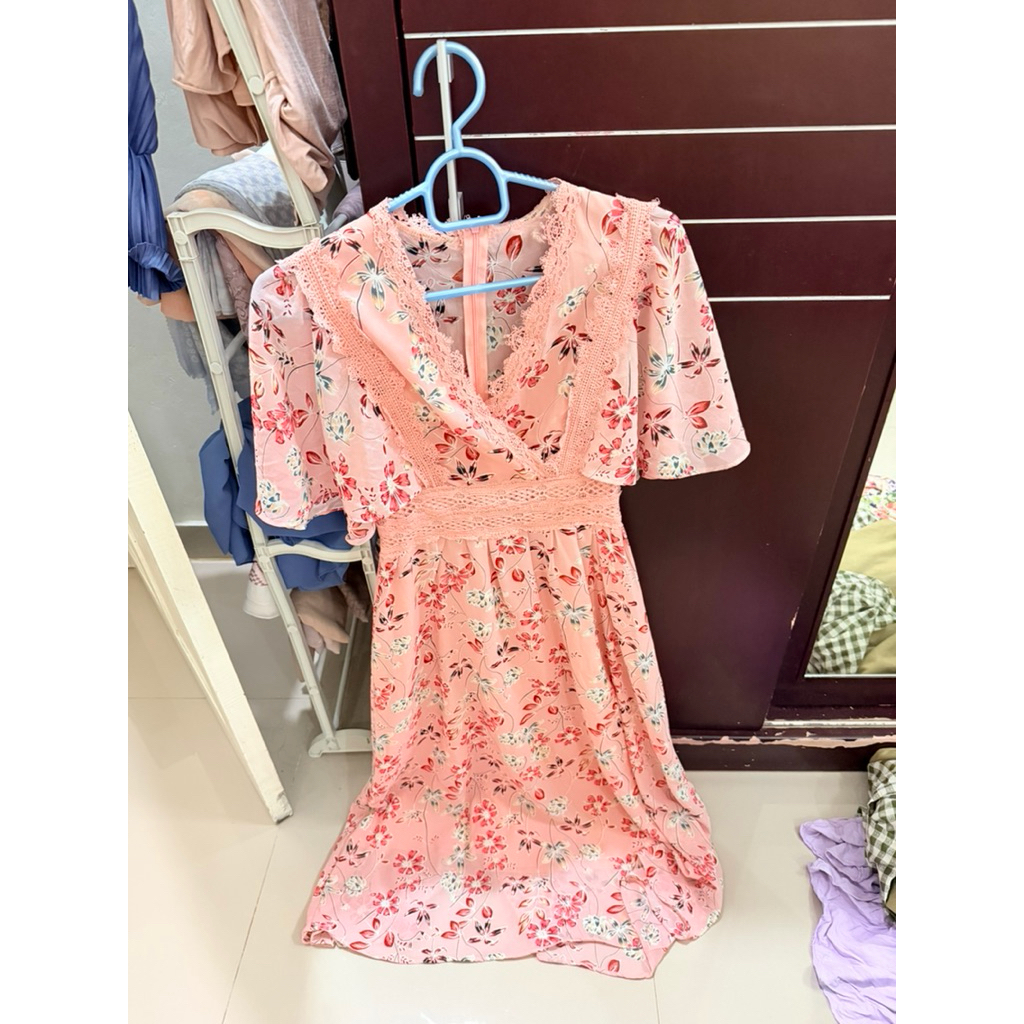 Long Dress Pantai Baju Wanita Bunga Floral Renda Lace PL Pink