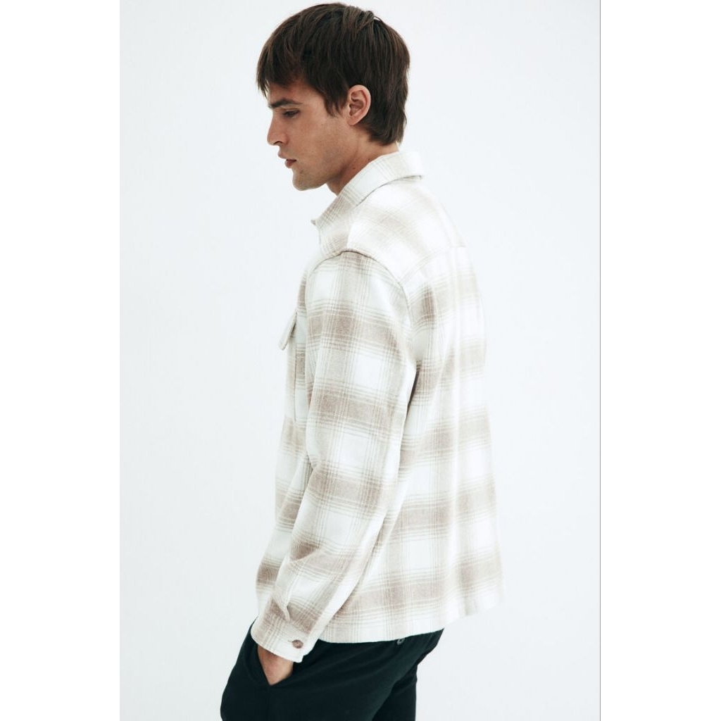 HOT SALE HM Overshirt Shacket Flannel Pria Original Beige Plaid Kemeja Kotak-Kotak Tebal Premium