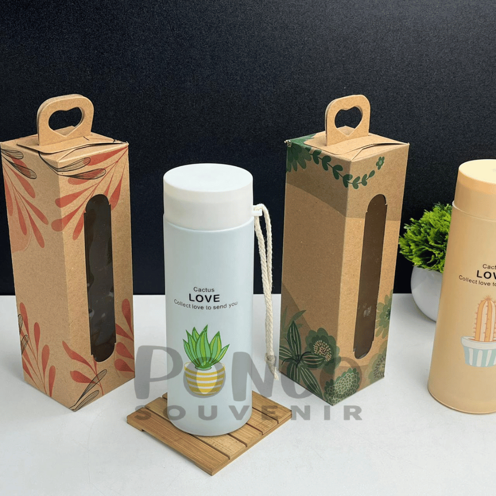 Botol/ Tumbler Kaktus 420 ML Kemasan Box Tenteng Coklat