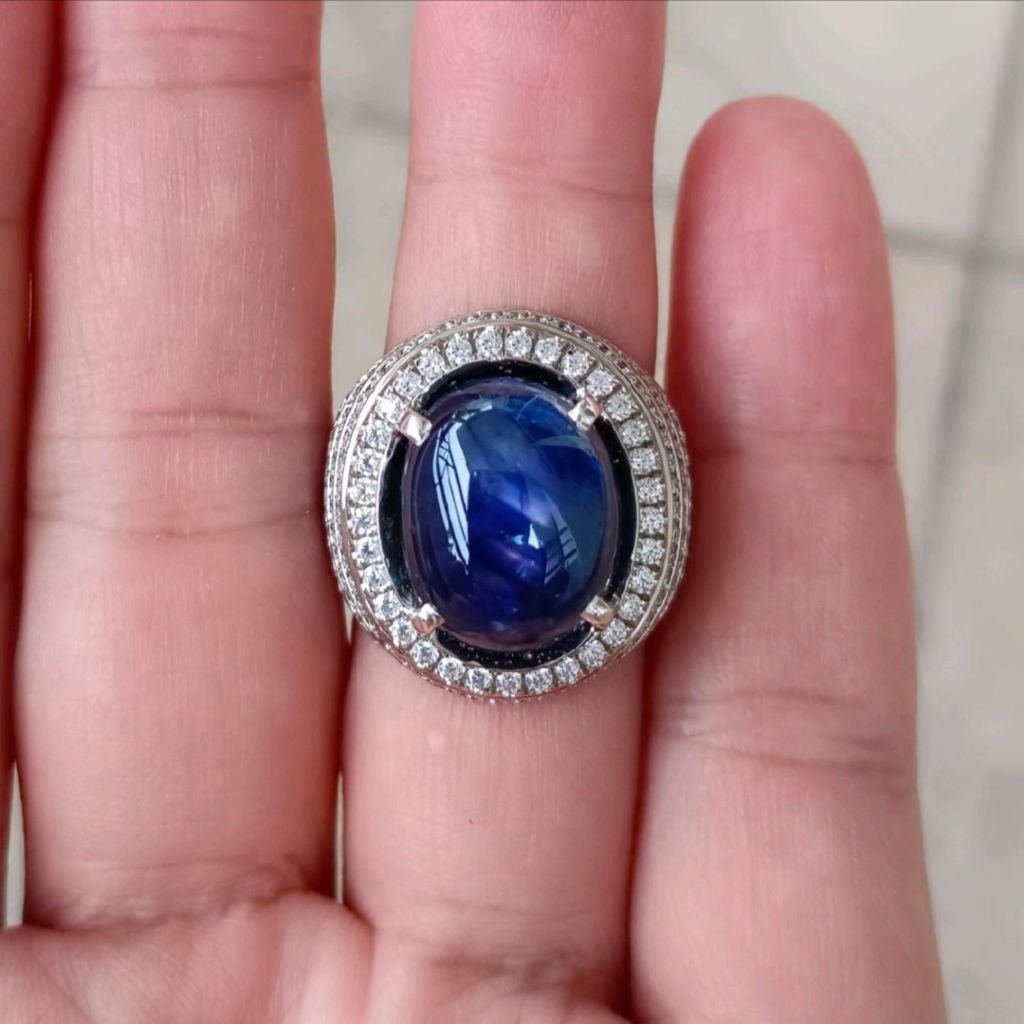 Natural Blue Star Sapphire 17.17 cts, No Heat Origin Burma, Iketan Perak Ring 17.5, Memo DGL