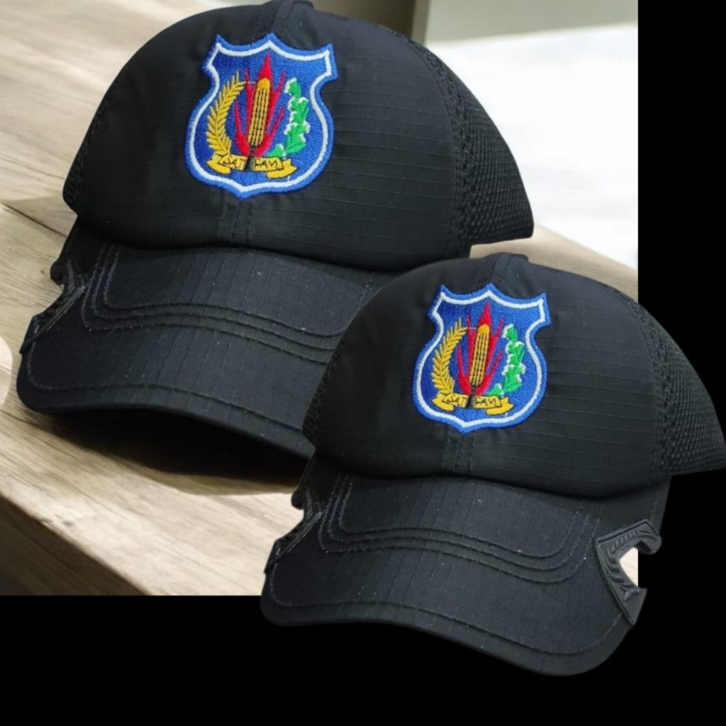 TOPI HITAM SATPAM TACTICAL LOGO BIRU