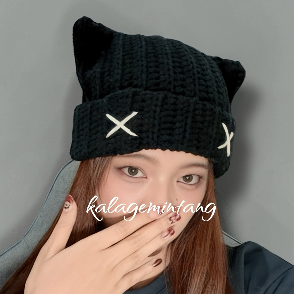 [PO] Cat Ear Beanie Topi Rajut Kuping Kucing Cat Ear Pin Handmade YEONJUN Beanie WONYOUNG Beanie