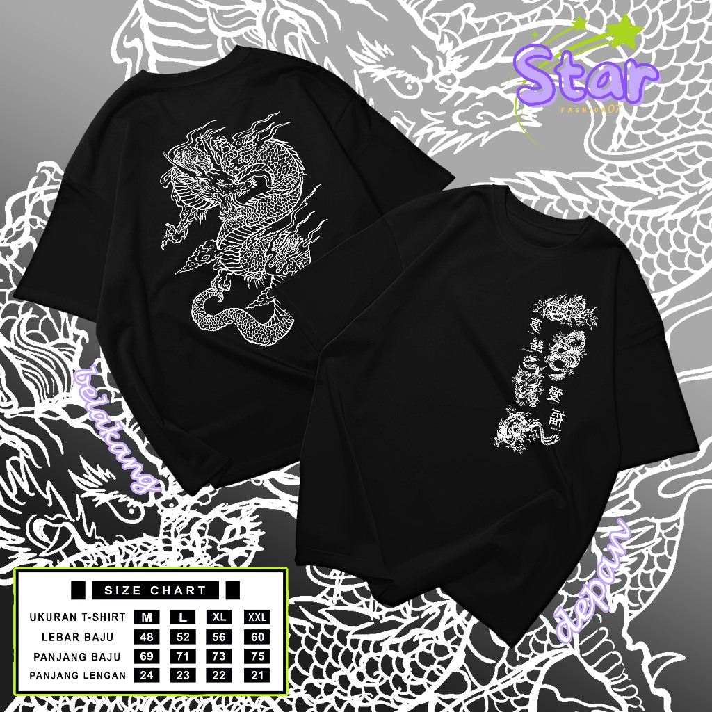 STARFASHION Kaos Merah Naga Kaos pria distro Motif Naga hitam putih baju pria dewasa distro