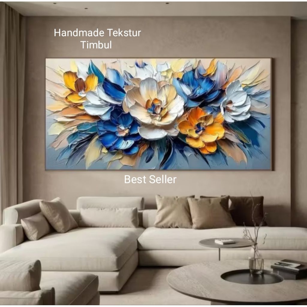 Lukisan Bunga Peony Abstrak Tekstur Timbul Minimalis Hiasan Dinding Modern