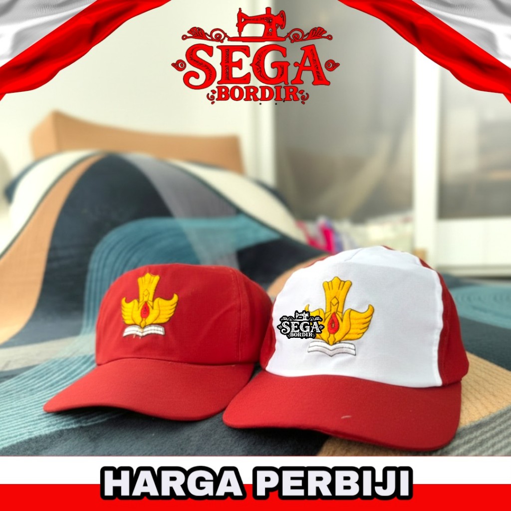 Topi SD Perekat Bordir | Topi Sekolah SD Merah Putih | Merah Full