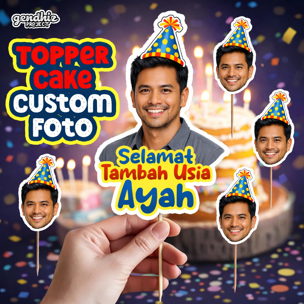 Topper Kue Custom Foto Wajah – Ulang Tahun Ayah | Cake Topper Personal Nama & Foto