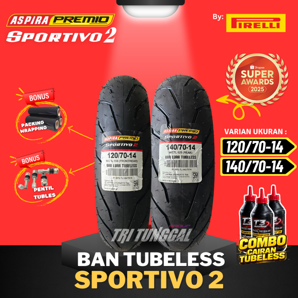 [READY COD] BAN ASPIRA PREMIO SPORTIVO 2 ( 120/70-14 & 140/70-14 ) TUBELESS MEDIUM SOFT COMPOUND RIN