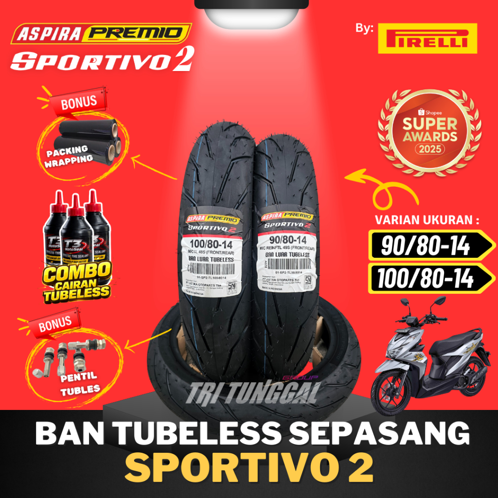 [PAKET PROMO SEPASANG] BAN ASPIRA PREMIO SPORTIVO 2 TUBELESS MEDIUM SOFT COMPOUND RING 14 / BAN MOTO