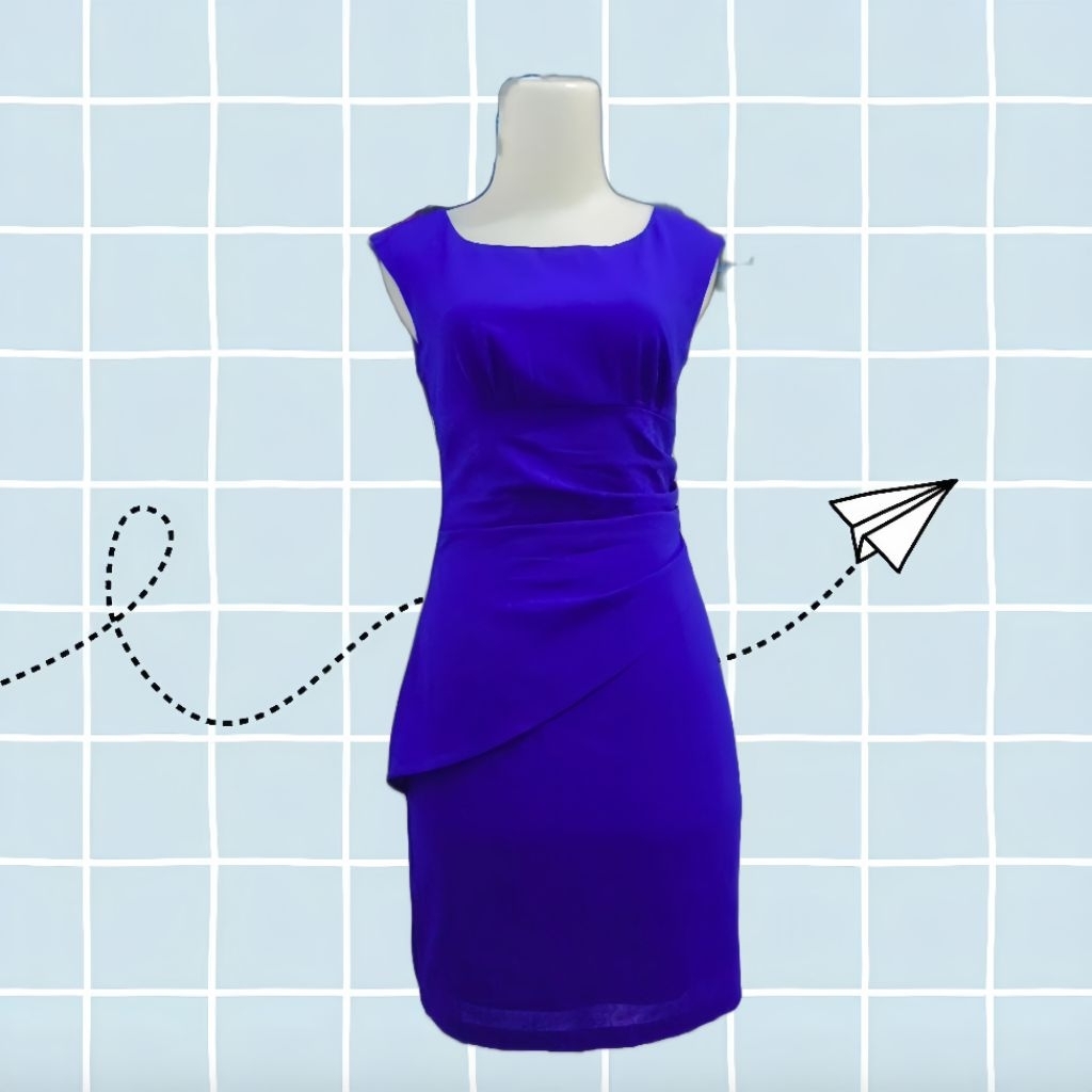 Dress Korea style Biru Kasual Outfit Kantoran Elegant
