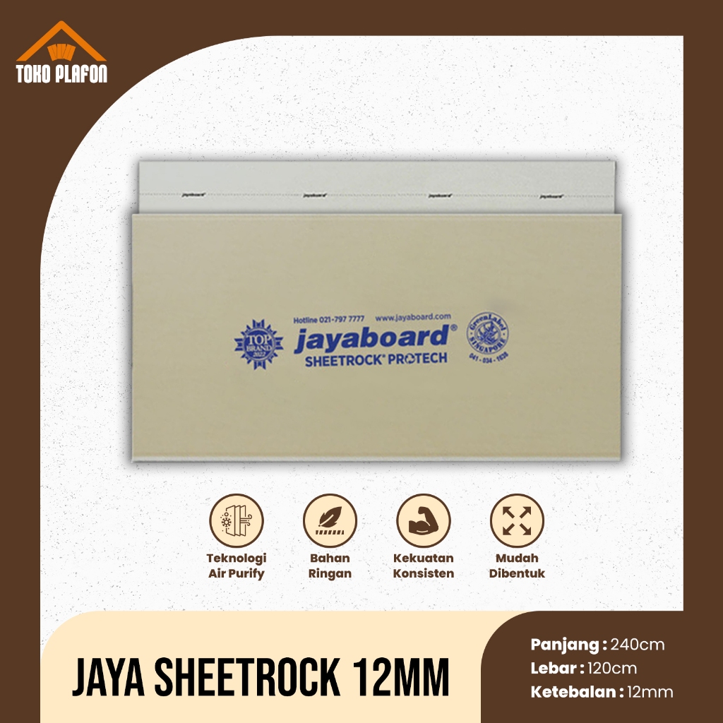 Jayaboard Gypsum Plafon 12mmx120x240mm Anti Panas Dingin Bebas Asbestos Ramah Lingkungan