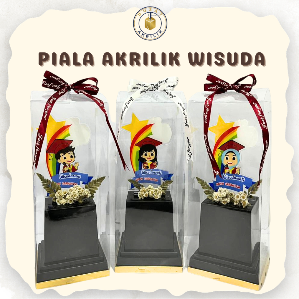Piala Wisuda Akrilik Pelangi + Kotak Mika Pita Bunga Untuk Hadiah, Kenangan