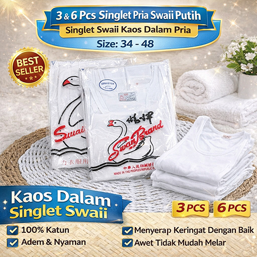 Singlet Pria Swaii Putih Polos 3 & 6 Pcs Kaos Dalam Pria Kutung / Lekton Size 34–48