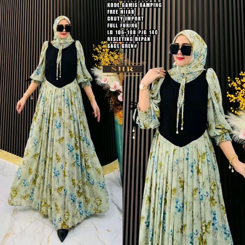 NEWSHR Gamis Ori Motif Bunga 2 IN 1 Set hijab