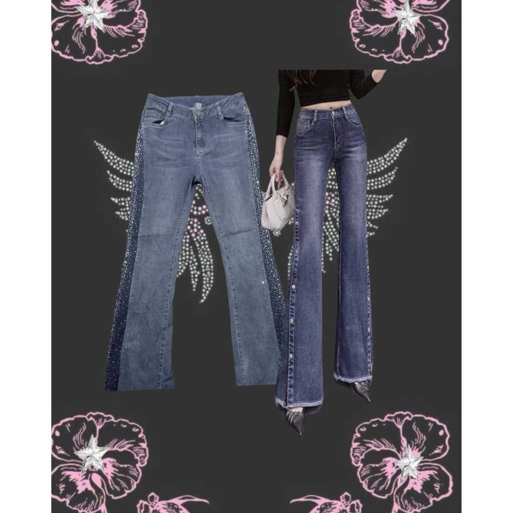y2k flare jeans / 2000s pants / flare cutbray pants / vintage rhingstone pants
