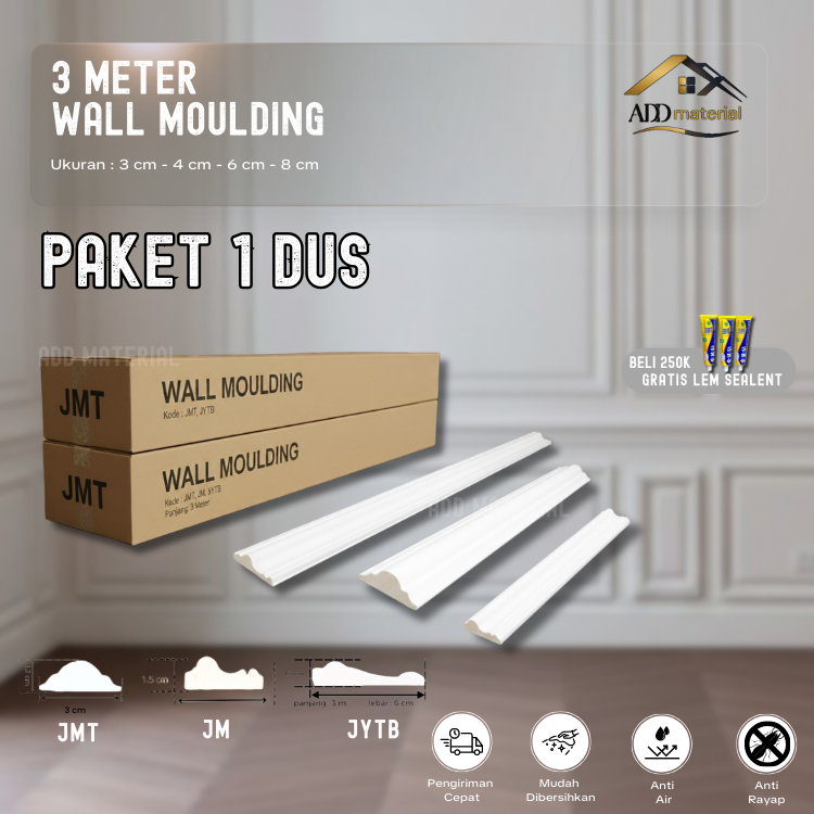 ADD - 1 DUS Wall Moulding PVC 3 Meter x 3 4 6 8 CM / Lis Plafon Border Molding Dinding Plavon Rumah