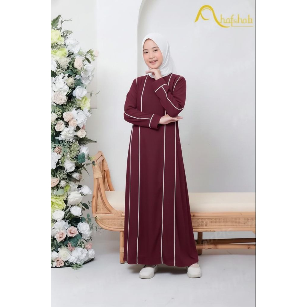 Dress Remaja Kekinian Usia 6 - 16 Tahun Gamis Anak Terbaru Bahan Crinkle Motif Garis Garis Putih