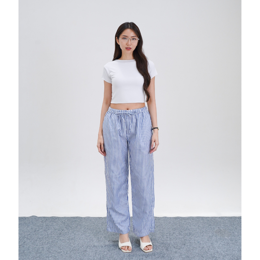 Mecloth - Celana Panjang Wanita Stripe Pants Celana Garis-garis Loose Pants Kulot Highwaist Nyaman