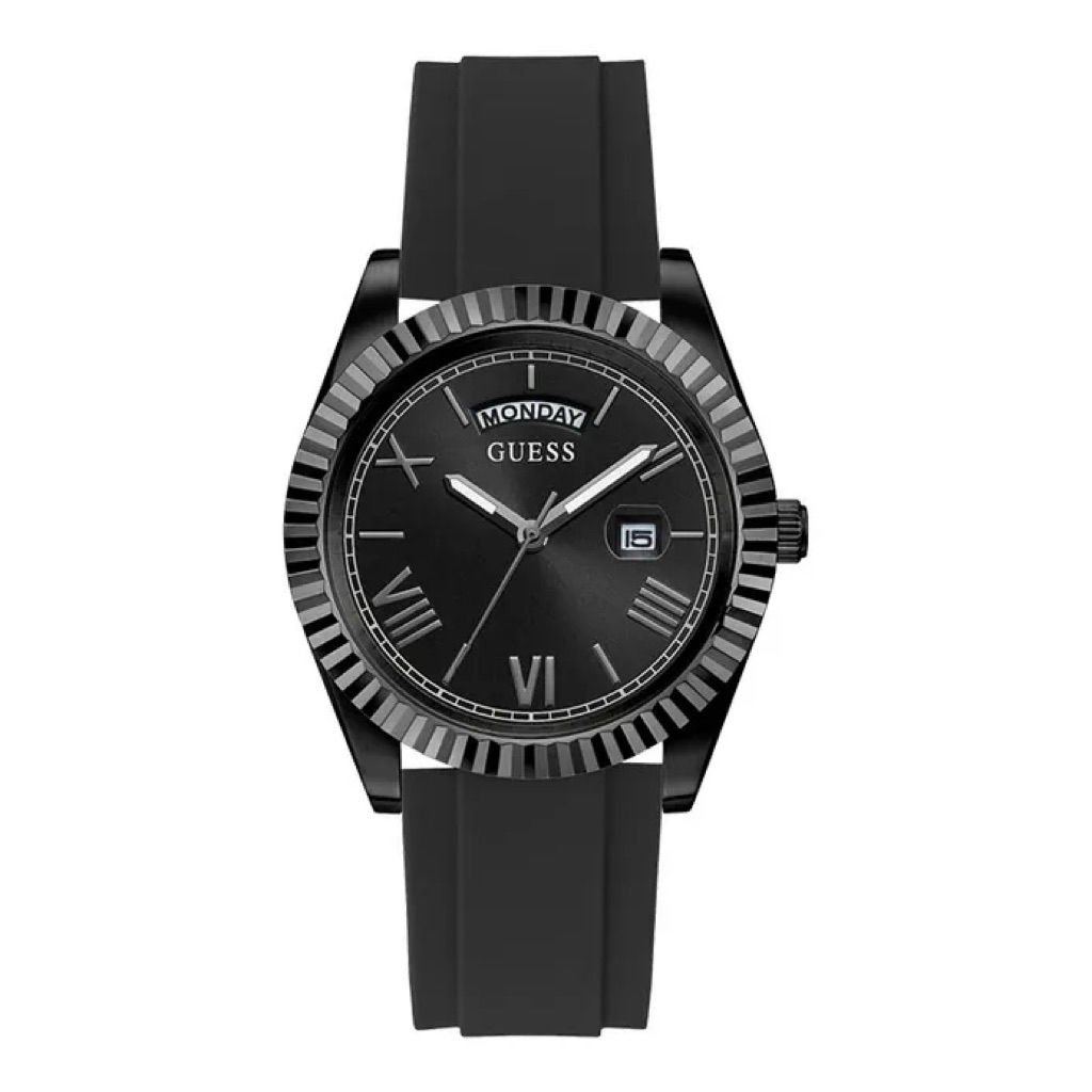 preloved guess watch - Guess Connoisseur Black Sunray Dial Black Silicone Strap