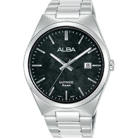 Jam Tangan Pria Alba AS9V83 AS9V83X1 Sapphire Strap Stainless Steel Silver Color Men Black Dial Orig