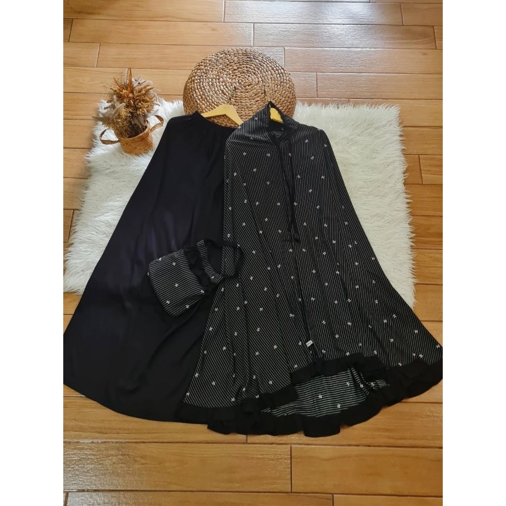 Mukena Rimpel Pinstripe bow (Hitam) tali ikat manual faufauhijab