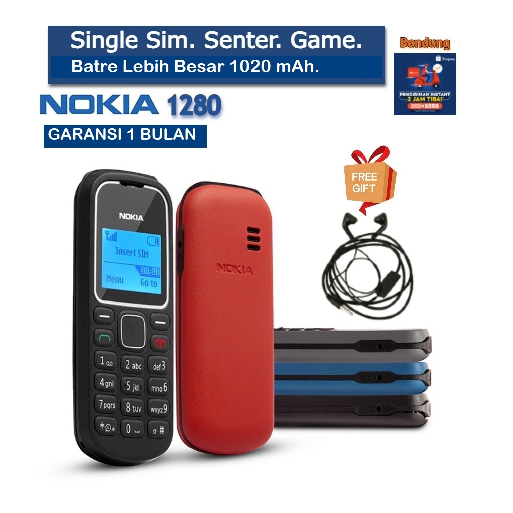 HP NOKIA 1280 BARU GARANSI 1 BULAN SINGLE SIM SENTER GAME 1020 mAh
