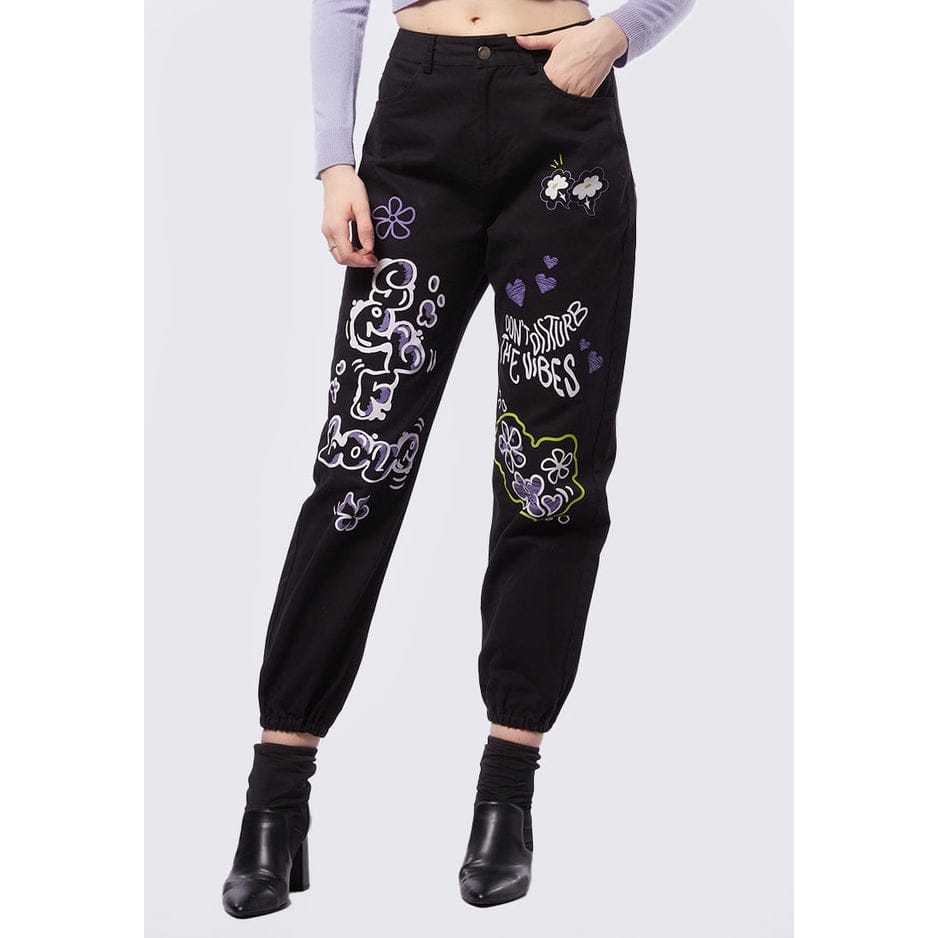 Celana Jeans Graffiti Denim Jogger Pants Black