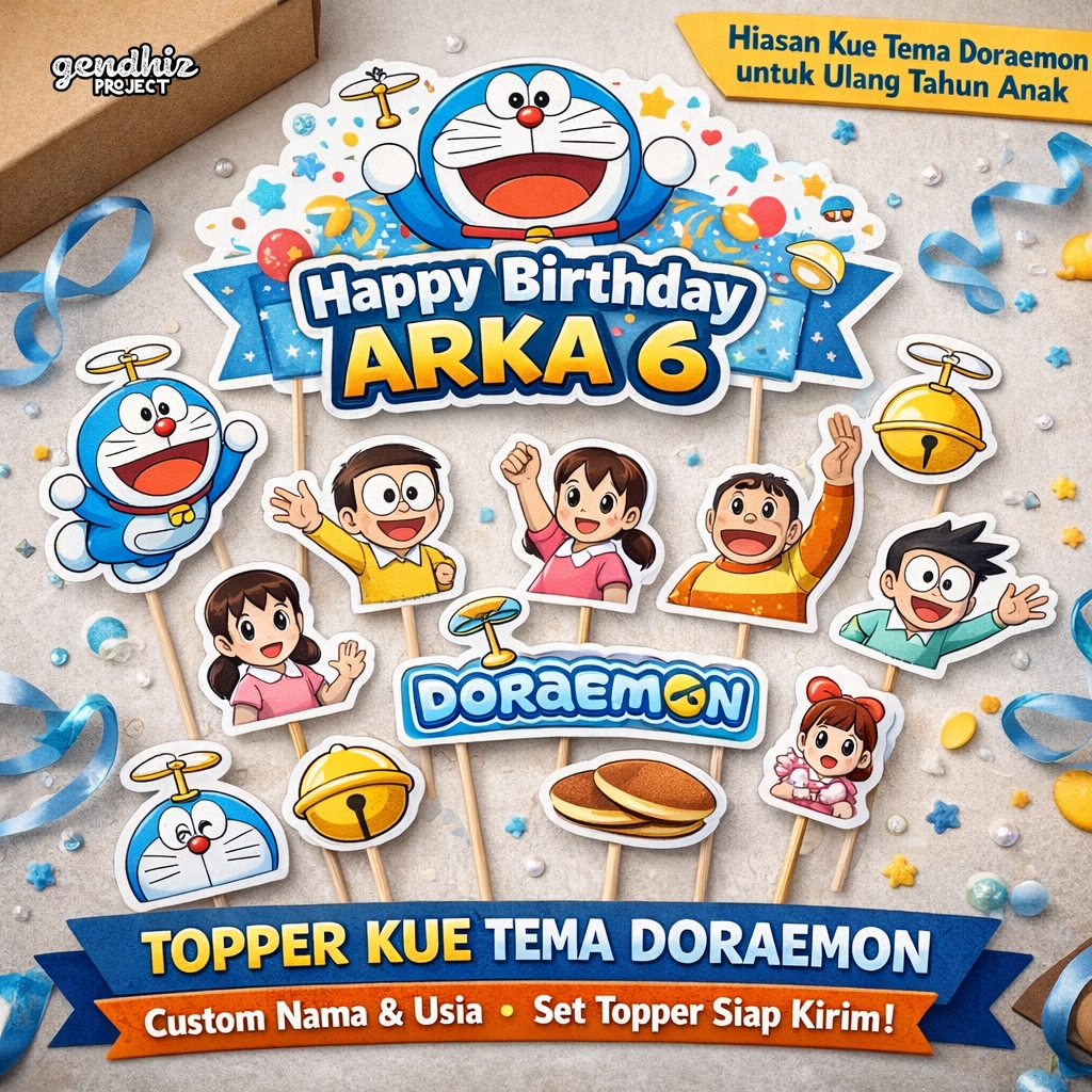 Topper Kue Ulang Tahun Doraemon Custom Nama & Usia – Cake Topper Doraemon Anak – Hiasan Kue Ultah Do