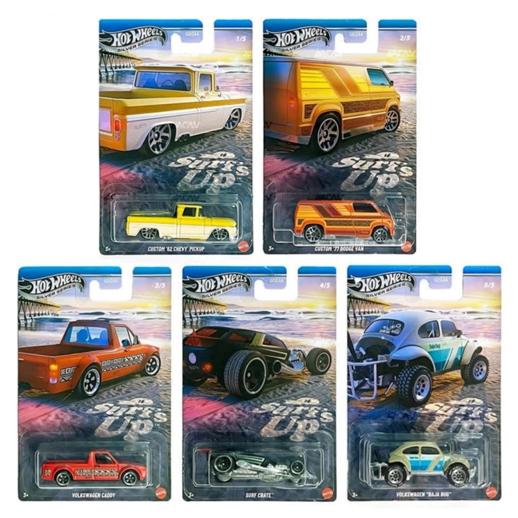 Hot Wheels Surf's Up 2025 | Custom '62 Chevy Pickup, Custom '77 Dodge Van, Volkswagen Caddy, Surf Cr