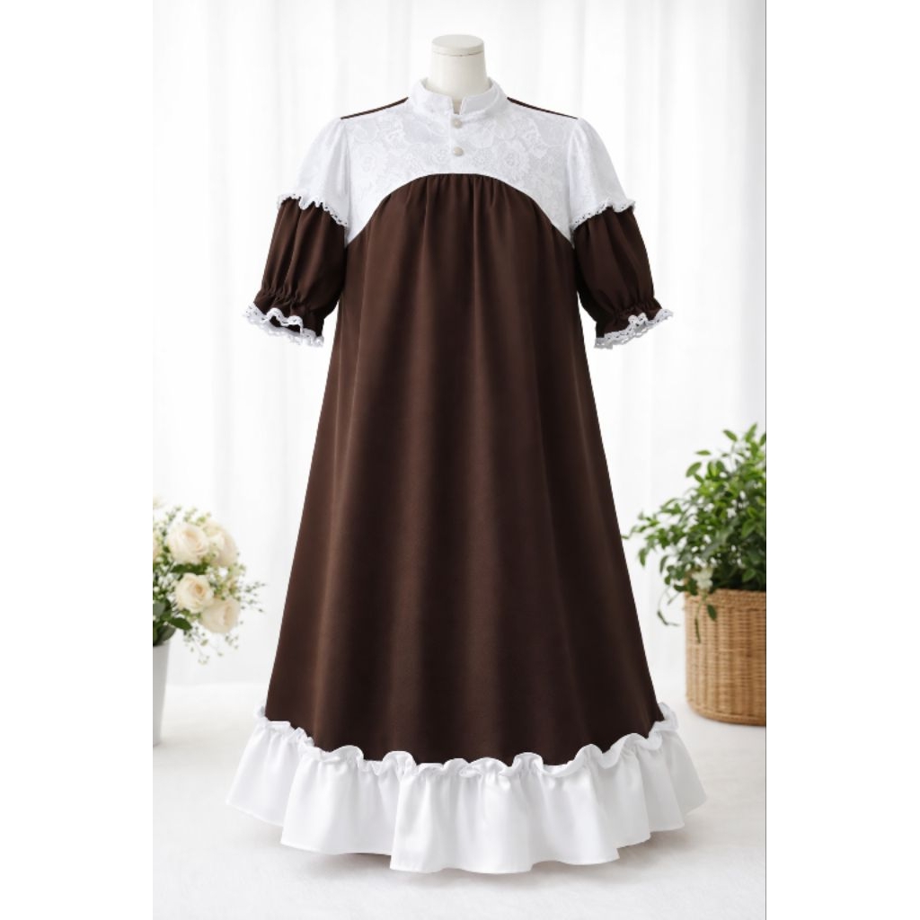 Gamis Quinza Anak 1–7th Coklat Putih – Dress Anak Perempuan Elegan Kombinasi Renda Brokat Long Dress