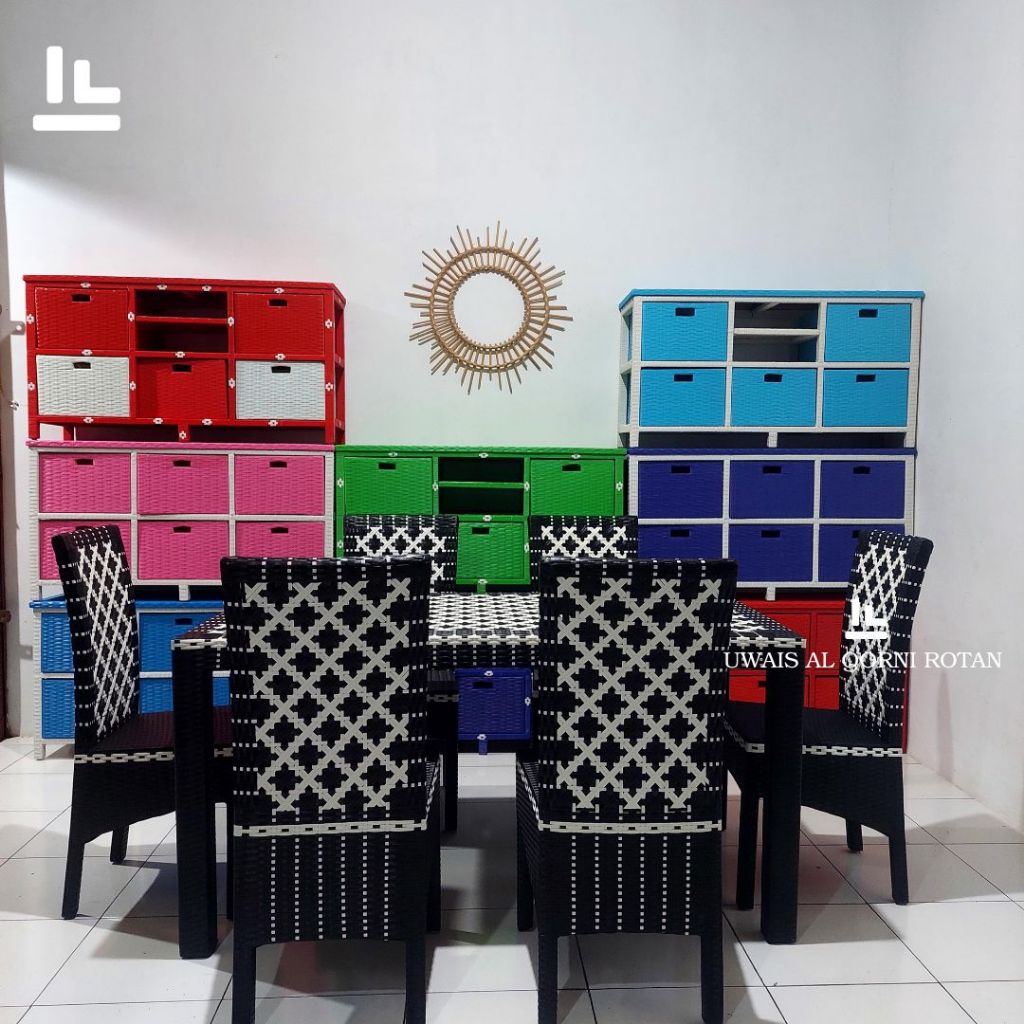 UWAIS ROTAN Meja Makan Kursi Enam Batik Rotan Sintetis - Set Kursi Makan K6 Minimalis Aesthetic