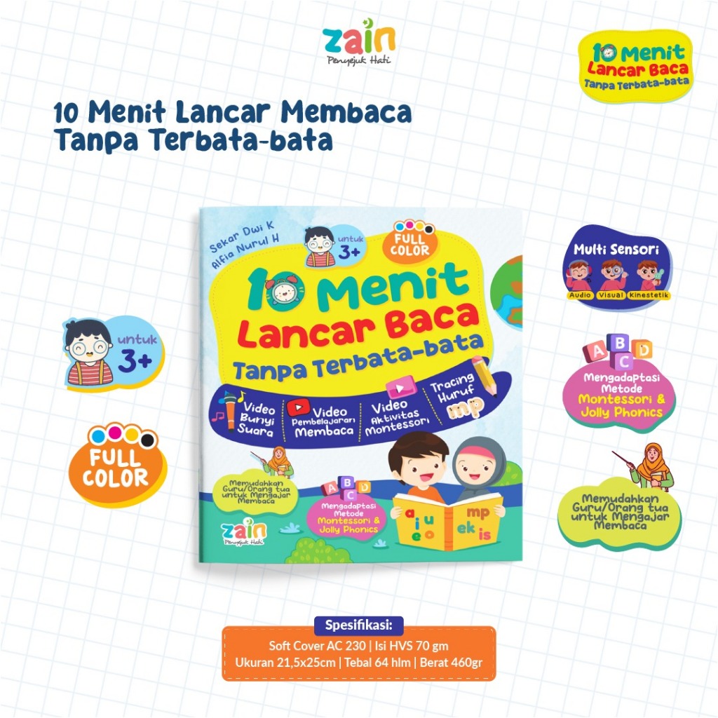 ZAIN - Buku 10 Menit Lancar Membaca Tanpa Terbata-bata  untuk  Anak Usia 3+ TK PAUD SD Bonus Video