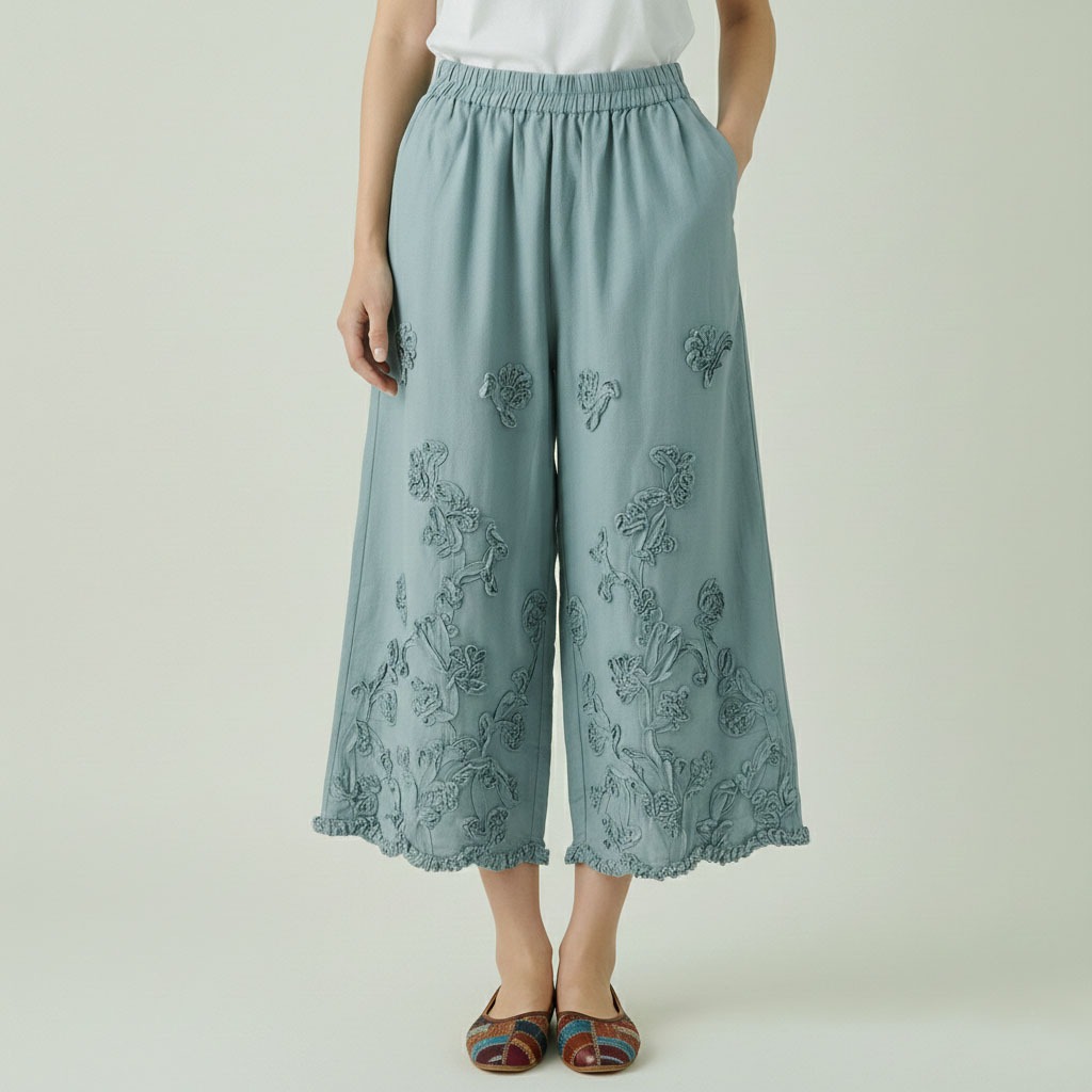 CELANA KULOT 7/8 LINEN PREMIUM BIRU MUDA BORDIR APLIKASI BUNGA 3D KOREA IMPORT