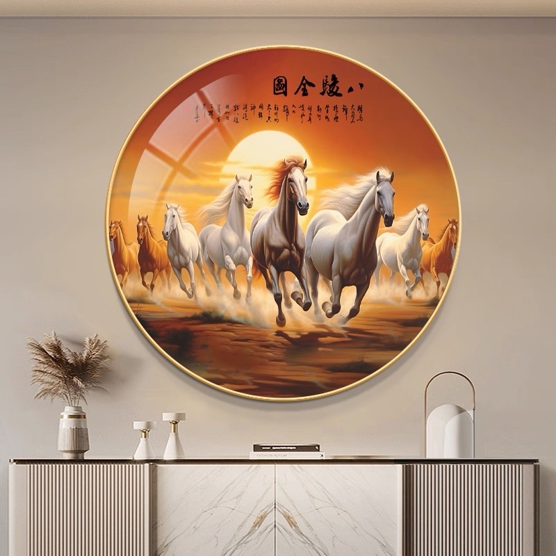 Lukisan Porcelain 5D Diamond Bulat Motif 8 Ekor Kuda Keberuntungan Pajangan Dinding Bundar Bulat Kud