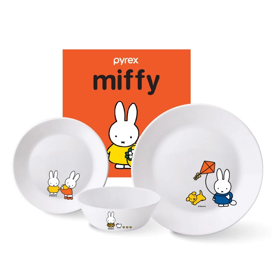 PYREX Miffy Set Piring & Mangkok Dinner 3pcs Milkglass - ORIGINAL PYREX