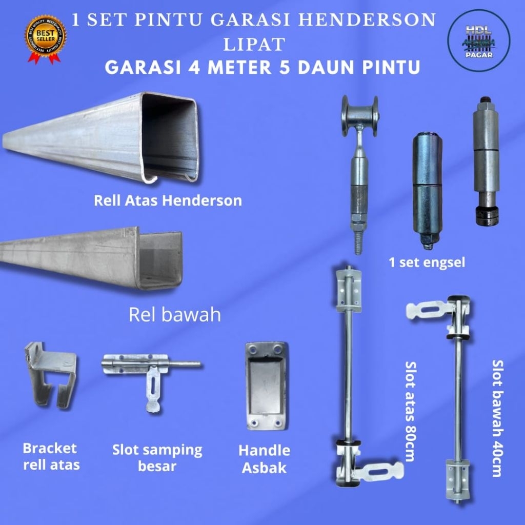 Set Rel Pintu Garasi Henderson Lipat Panjang 4 Meter 5 Daun Pintu Tebal Rel 2.3 mm Full Aksesoris