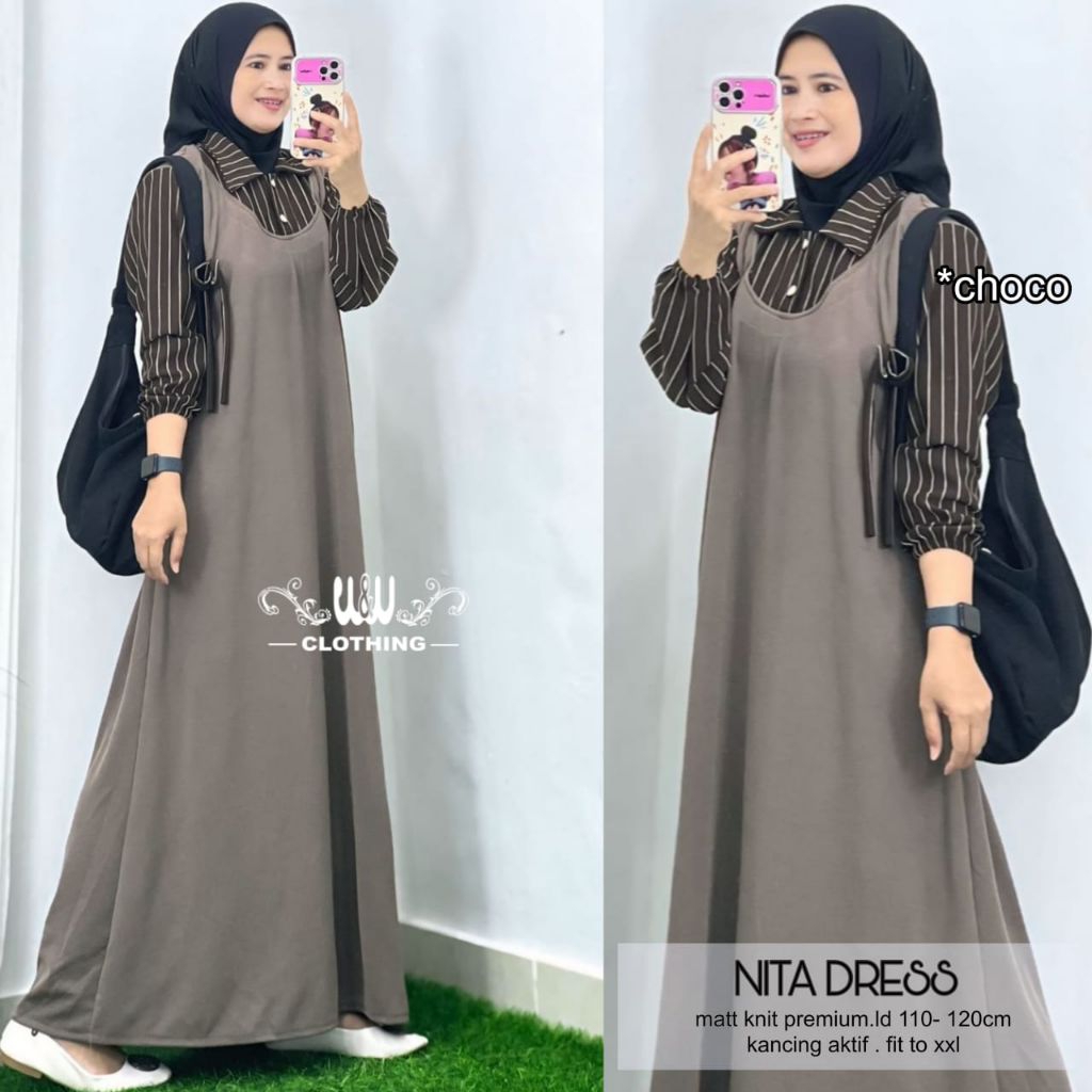 Nita Dress • Gamis Polos Kombinasi Garis-Garis by WW