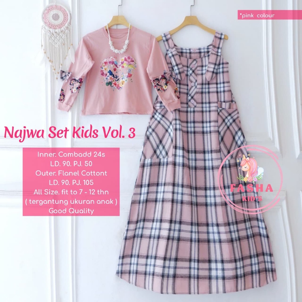 Kaluva | Najwa - Set Dress Gamis Overall dan Inner Kaos Anak Perempuan by Fasha Kids