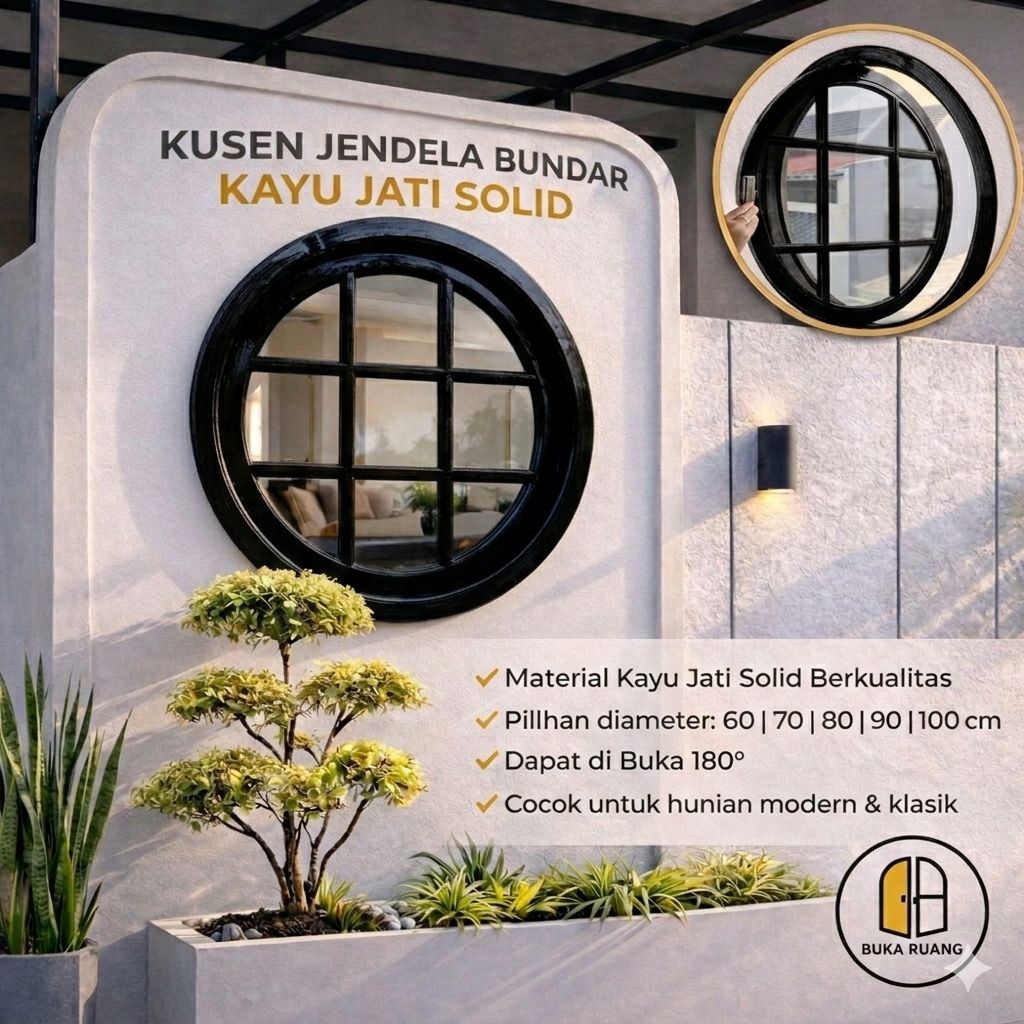 Jendela Bulat Jati Buka 180° Diameter 60cm sampai 120cm / kusen jendela kayu model baru / kusen jend