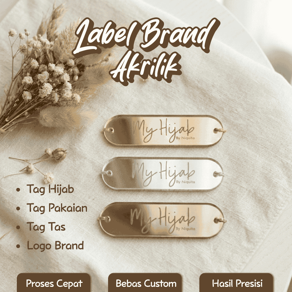 Custom Plat Akrilik Label Brand Inisial Tag Baju Hijab Mukenah Tas