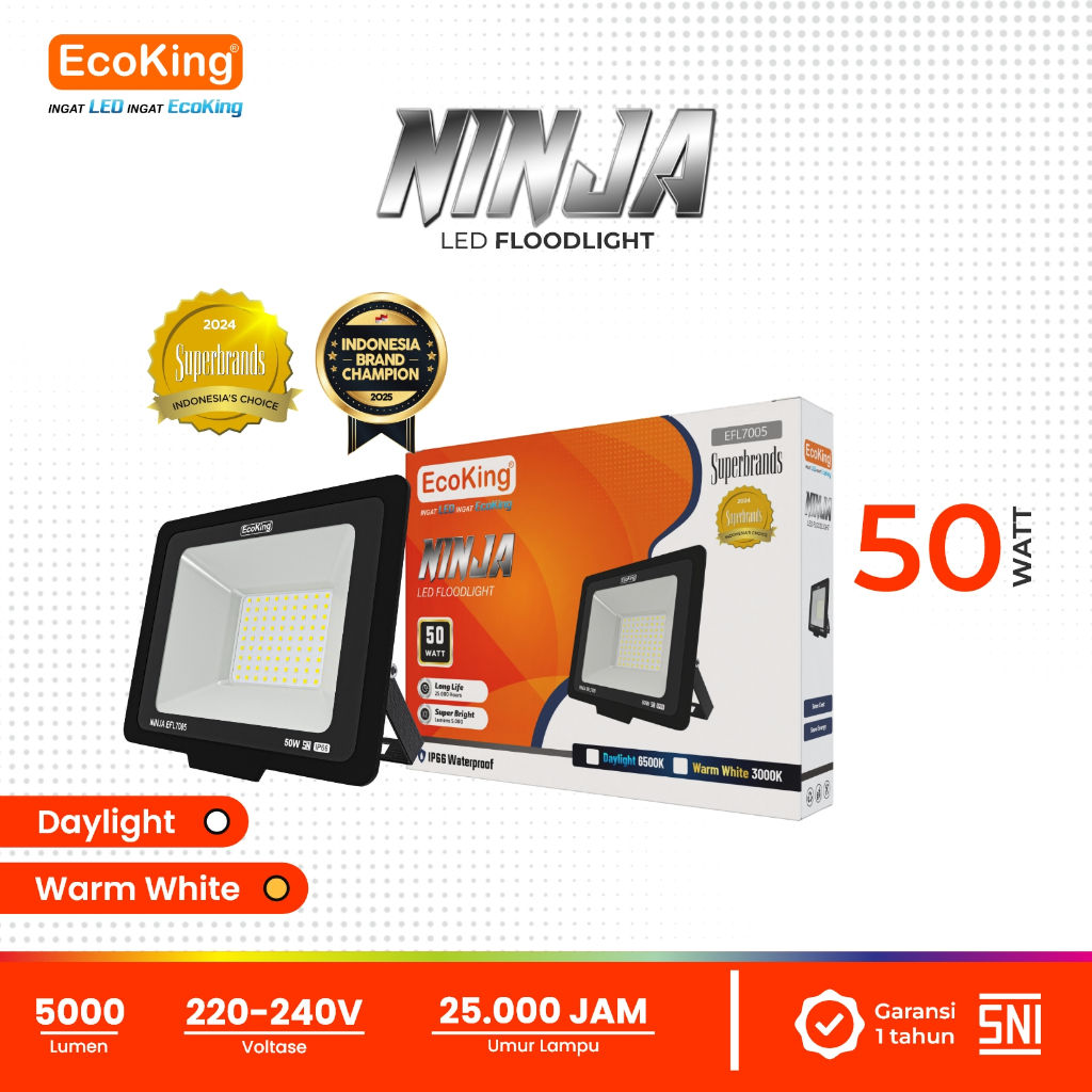 EcoKing Lampu Sorot LED Flood Light Ninja 50W Cahaya Putih/Kuning (NINJA-EFL7005)