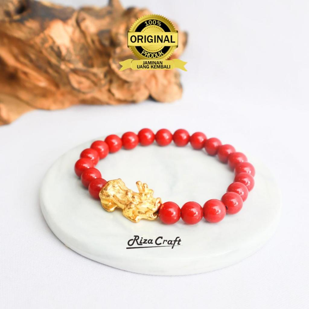 Gelang Pixiu Naga EMAS Estetik Batu Akik Alam Kristal Agate Garnet Merah Aesthetic ASLI Original Pri